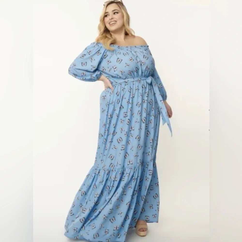 🦋B2G1🦋UNIQUE VINTAGE Blue & Butterflies Sweet Escape Maxi Dress | 2XL |